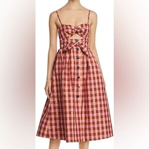 Kate Spade-Logo Cut Out Spaghetti Strap-Gingham Spade Midi Dress